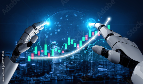Quadro em tela This image depicts robotic hands reaching out to manipulate a glowing financial graph, set in a futuristic smart city landscape at night