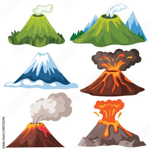 Collection of diverse volcano illustrations showing different stages and types