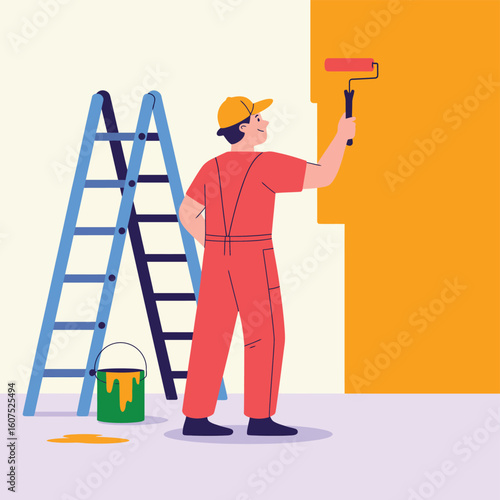 Painter in orange overalls applying yellow paint with a roller