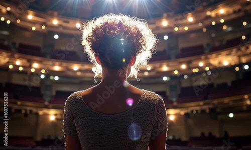 Woman stands backlit on a stage, facing a beautiful, tiered theater interior