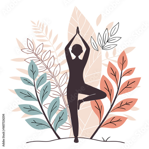Dark silhouette woman in tree pose surrounded by leaves