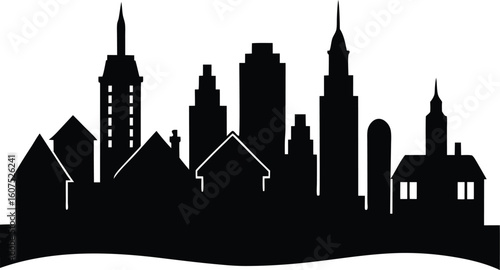 Architectural skyline silhouette of a generic city mixing urban and village buildings.