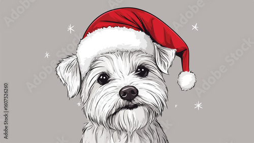 Cute White West Highland Terrier Dog in Santa Hat