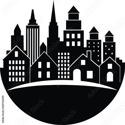 Vector graphic of an architectural city skyline silhouette with urban buildings and town houses.