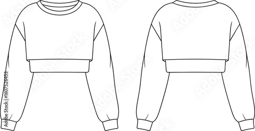 Detailed Technical Flat Fashion Sketch of Women's Cropped Sweatshirt Design, Front and Back Views, Apparel Illustration Template, Vector Outline for Activewear and Casual Clothing Development.