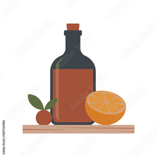 Amber bottle with orange and leaves on a wooden shelf