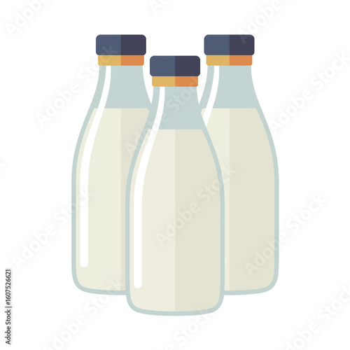 Three glass bottles of milk with orange caps
