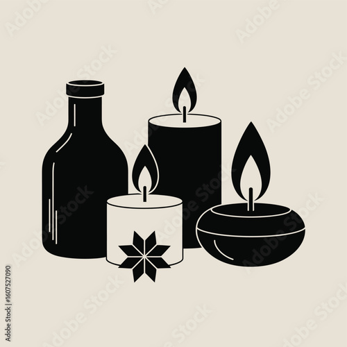 Still life of burning candles and a dark bottle