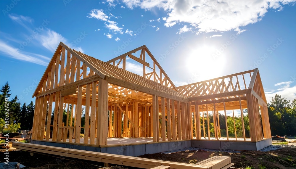 Obraz premium A wooden house under construction, sunlit against a partly cloudy sky. Framing beams are visible throughout