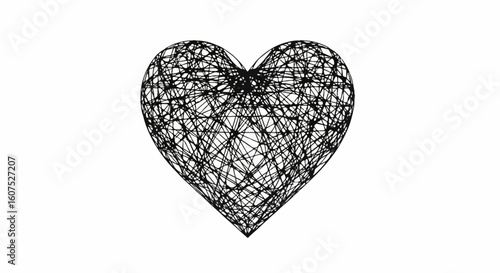 Intricate abstract heart symbol, a tangled black wireframe, representing emotion, introspection, and spiritual reflection.