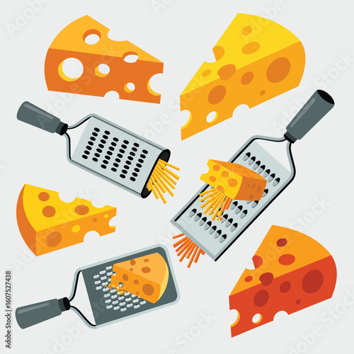 Grated cheese and cheese slices with graters