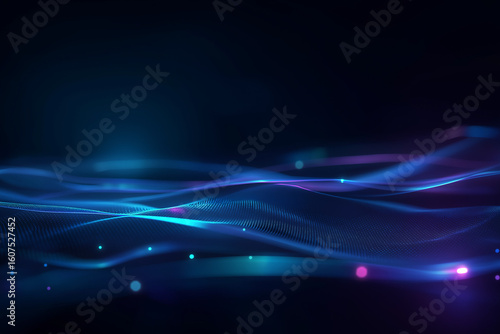 Ultra-detailed dark abstract tech background with glowing fluid lines and digital particles in blue and violet tones, futuristic concept for IT, SaaS, AI, innovation, data and network design