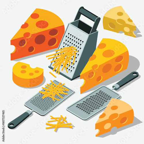 Grated cheese and cheese graters on a white background