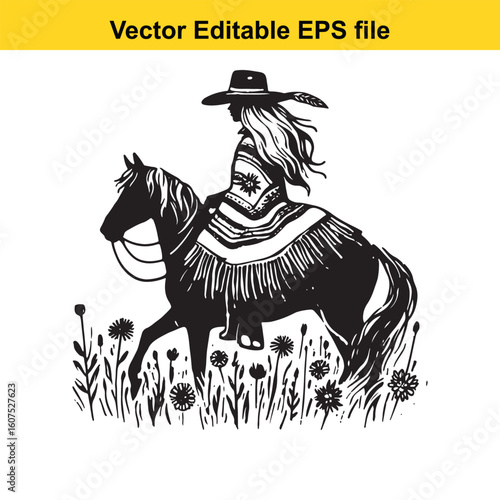 Cowgirl with Feathered Hat and Colorful Poncho in Wildflowers