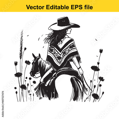 Cowgirl with Feathered Hat and Colorful Poncho in Wildflowers