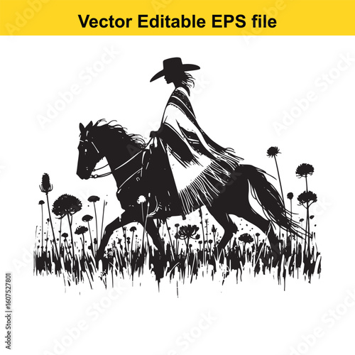 Cowgirl with Feathered Hat and Colorful Poncho in Wildflowers