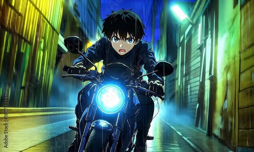 Young rider on a bike speeds through wet streets under city lights at night