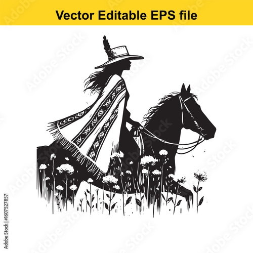 Cowgirl with Feathered Hat and Colorful Poncho in Wildflowers