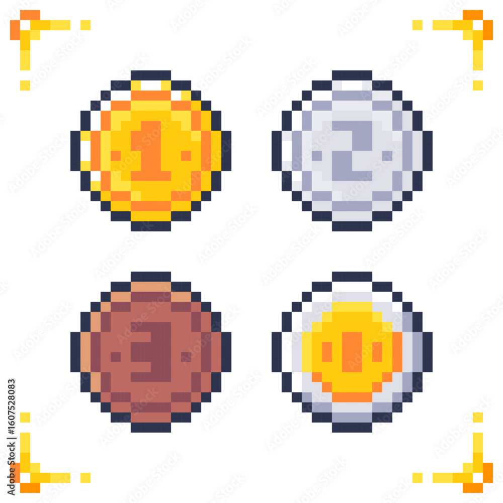 Fototapeta premium Set of pixel art medals: gold, silver and bronze awards with ribbons for game interfaces and design