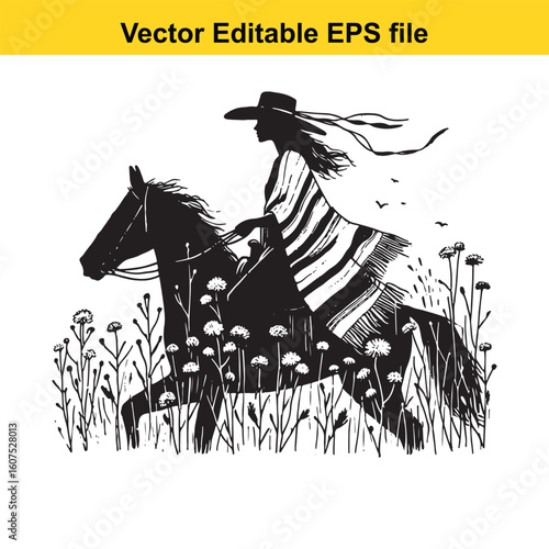 Cowgirl with Feathered Hat and Colorful Poncho in Wildflowers