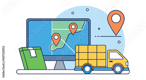 Yellow delivery truck with packages and map on computer screen