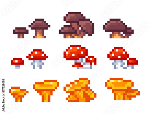 Set of pixel art mushroom assets for 2d platformers, rpg, indie games. Props and icons of mushrooms. fly agaric, amanita, chanterelle, porcini mushroom, birch bolete, aspen bolete