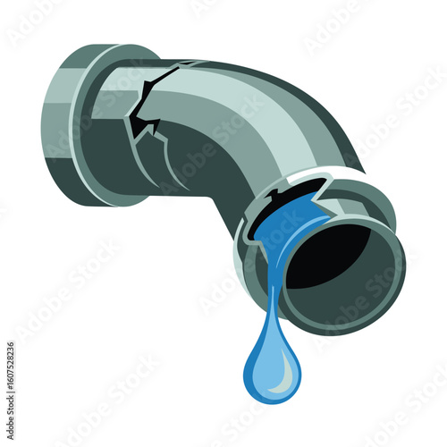 Cracked elbow pipe leaking blue water droplets