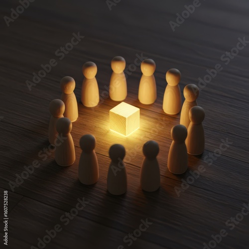 Eleven wooden peg figures forming a community circle, united around a central glowing cube representing a core idea