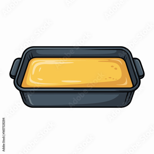 Rectangular baking dish filled with yellow batter