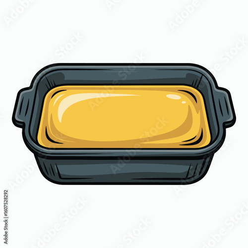 Rectangular baking dish filled with melted butter