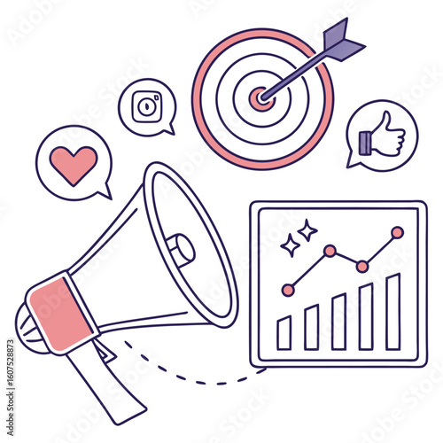 Megaphone target and analytics graph with social media icons