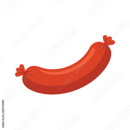A single curved red sausage with tied ends on a white background