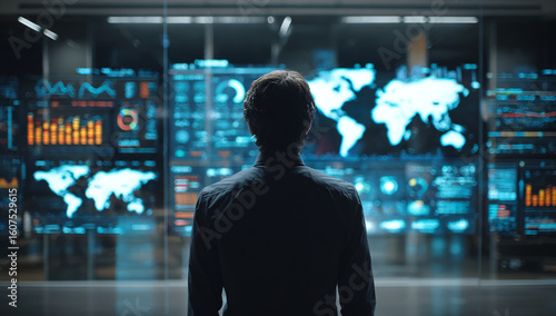 A man looks at a large screen displaying global data and financial charts