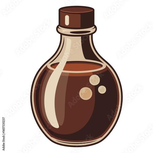Glass bottle filled with dark brown liquid and bubbles