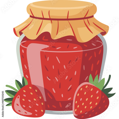 Glass jar filled with delicious strawberry jam and fresh berries