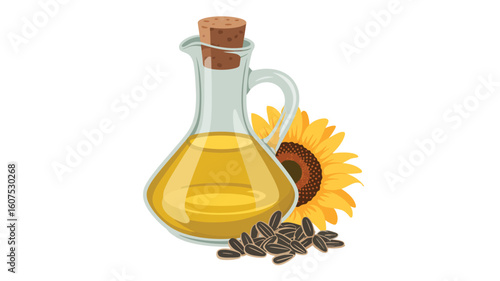 Glass bottle of golden sunflower oil with seeds and a sunflower