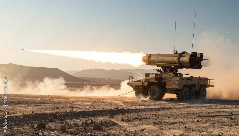 Fototapeta premium Military Vehicle Launching Missile in Desert Landscape at Sunset