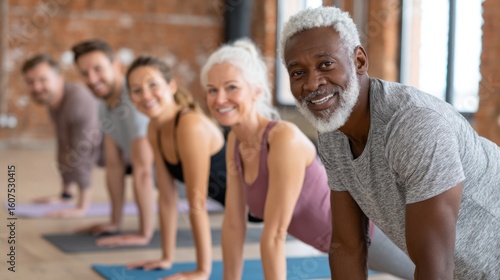 Diverse group of people in yoga class