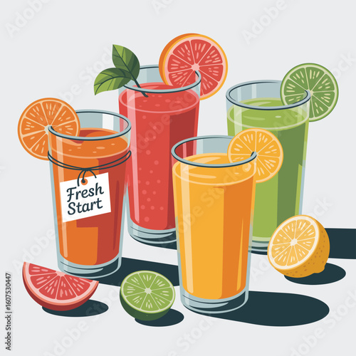 Assortment of freshly squeezed fruit juices with citrus slices