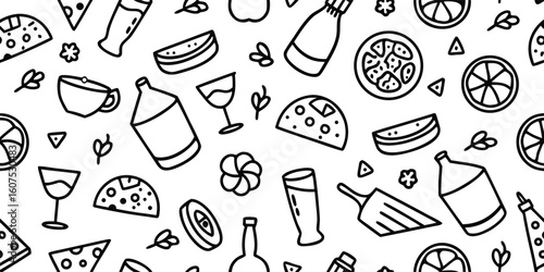 Black and white illustration featuring various food items and drinks arranged artistically..eps