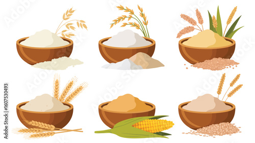 Collection of wooden bowls filled with different types of flour and grains