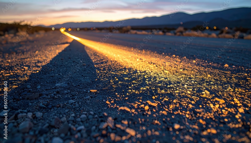 Fototapeta premium Scenic Desert Road at Sunset with Glowing Light and Rocks