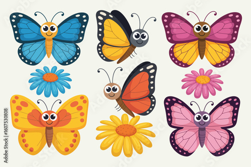 Collection of six cute cartoon butterflies and three colorful flowers