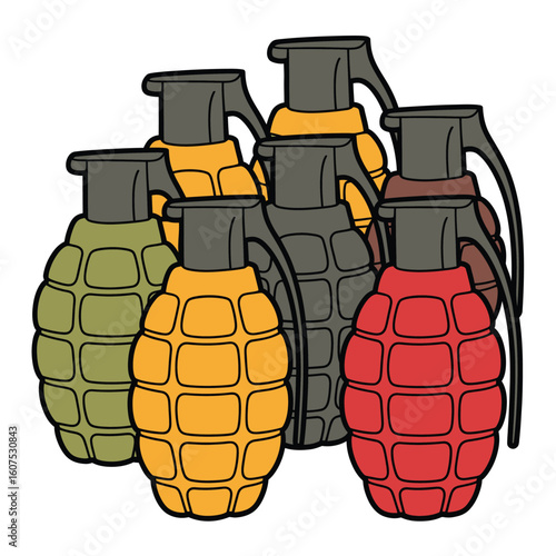 Collection of colorful hand grenades in a cluster