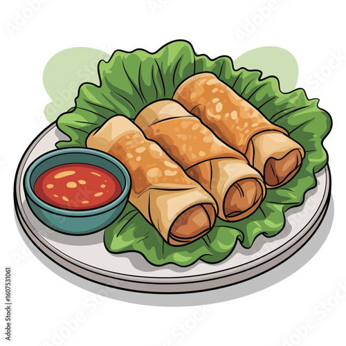 Delicious golden brown spring rolls served with dipping sauce on a bed of lettuce