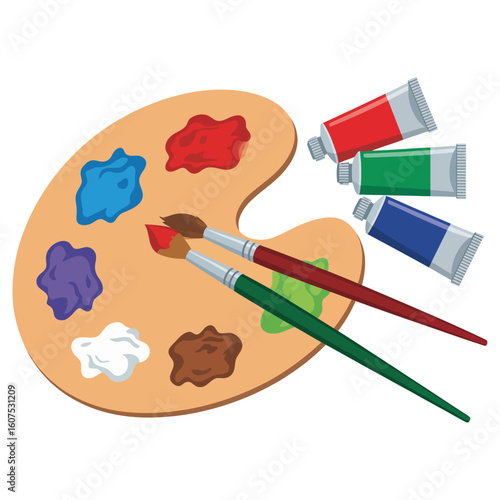 Artist s wooden palette with colorful paints and brushes