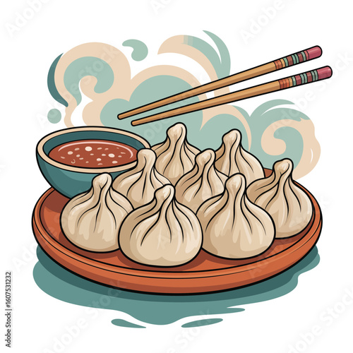 Delicious georgian khinkali dumplings with dipping sauce and chopsticks