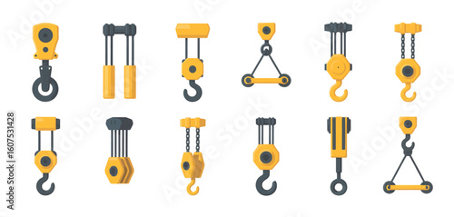 Collection of yellow industrial lifting hooks and pulleys