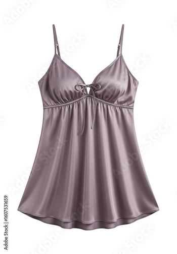 Silk babydoll lingerie top in mauve with spaghetti straps and tie accent against background for fashion apparel stock
