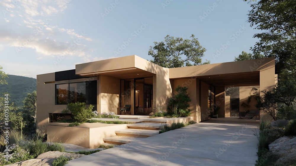 Fototapeta premium Modern home architecture shines, merging with nature. Beige exterior, clear sky, design concept. Ideal for real estate marketing, editorial, web use.